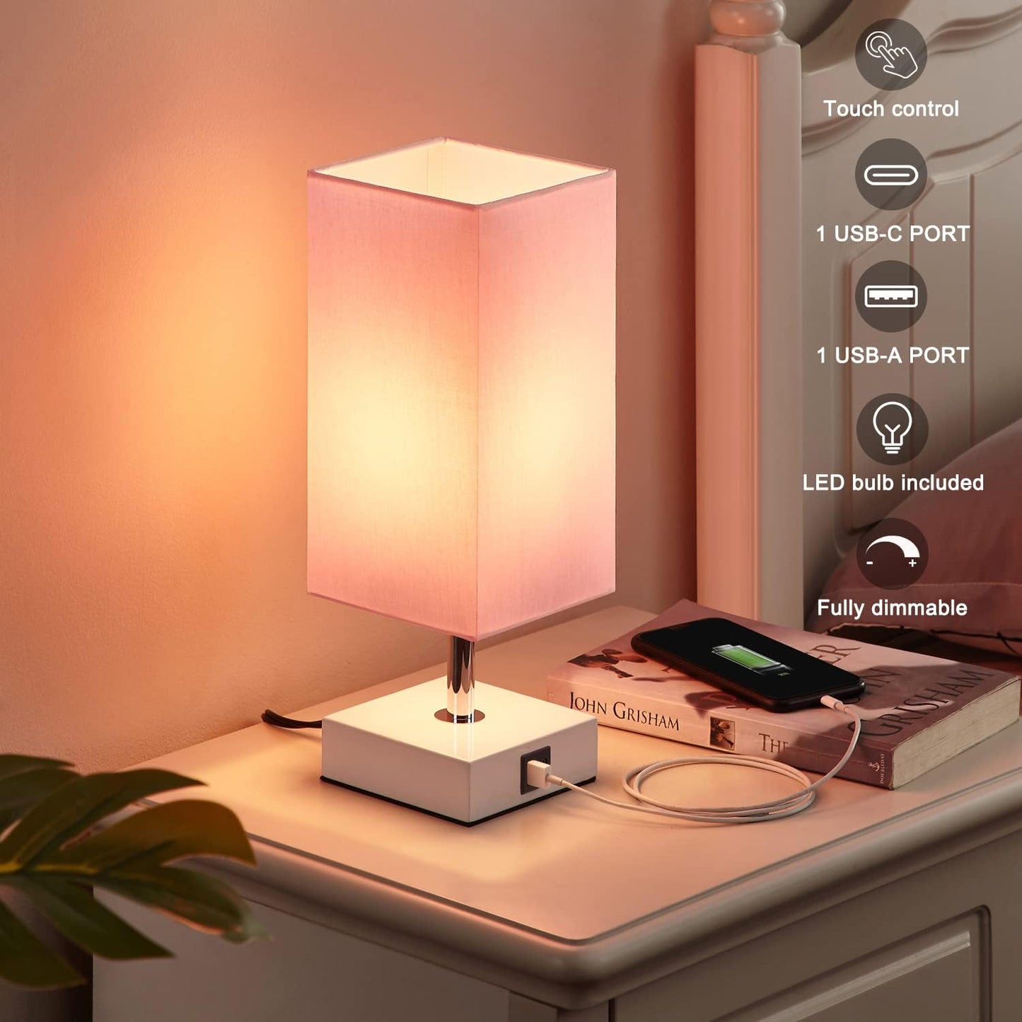 Ambimall_Touch_Control_Table_Lamp_with_2_USB_Charging_Ports,_3_Way_Touch_Lamps_Beside_Desk,_Nightstand_Lamp_for_Bedrooms_Living_Room,_Pink_Shade_with_White_Base,_LED_Bulb_Included(Pink)