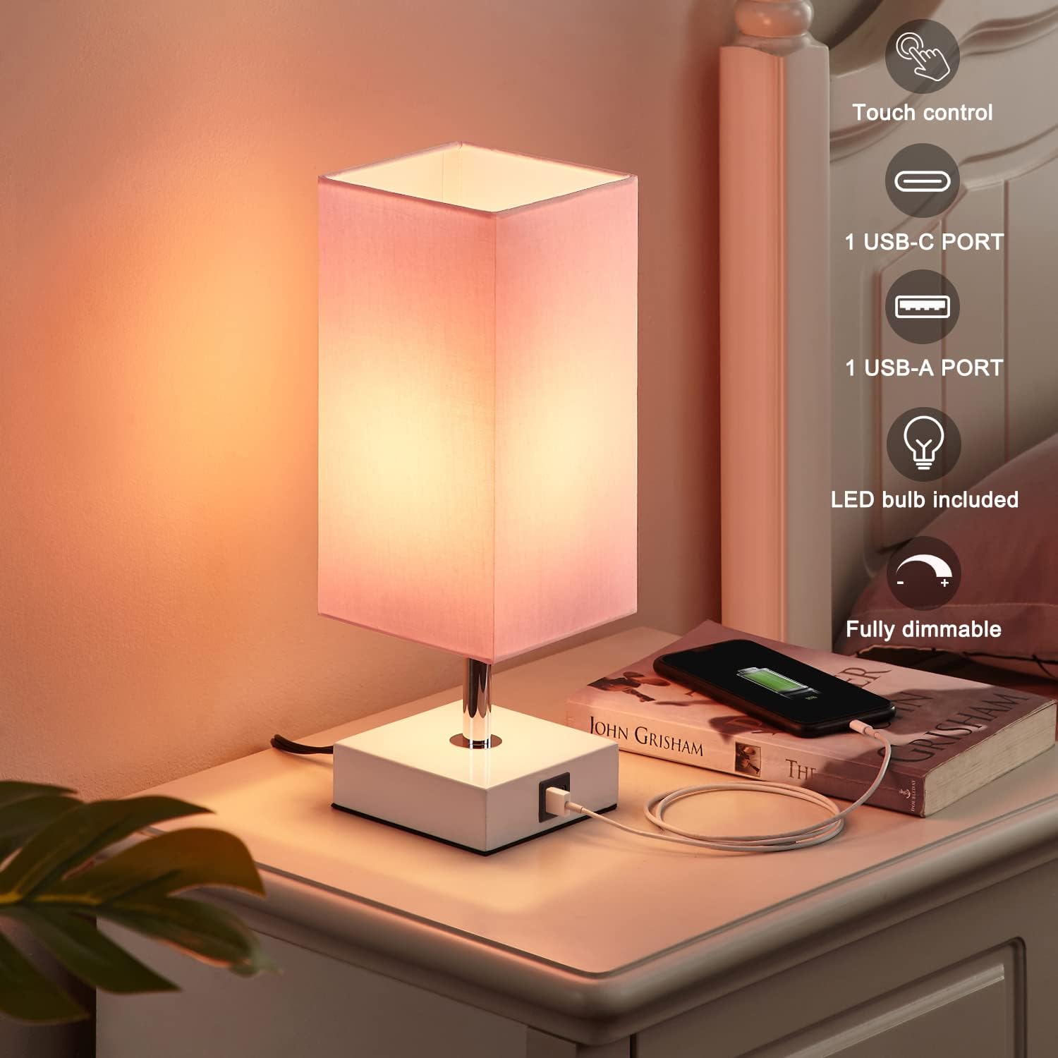 Ambimall_Touch_Control_Table_Lamp_with_2_USB_Charging_Ports,_3_Way_Touch_Lamps_Beside_Desk,_Nightstand_Lamp_for_Bedrooms_Living_Room,_Pink_Shade_with_White_Base,_LED_Bulb_Included(Pink)