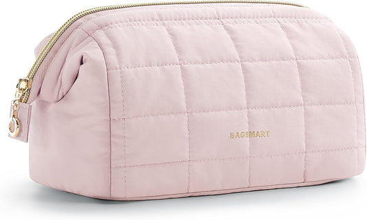 BAGSMART_Makeup_Bag_Travel_Toiletry_Bag,_Puffy_Padded_Make_Up_Bags_for_Women_Makeup_Organizer_Case,_Wide-open_Pouch_Purse_Travel_Essentials_Toiletries_Accessories_Brushes,_Pink