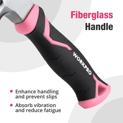 WORKPRO_8_oz_Claw_Hammer_with_Fiberglass_Handle,_All_Purpose_Hammer_with_Forged_Hardened_Steel_Head,_Pink_Ribbon