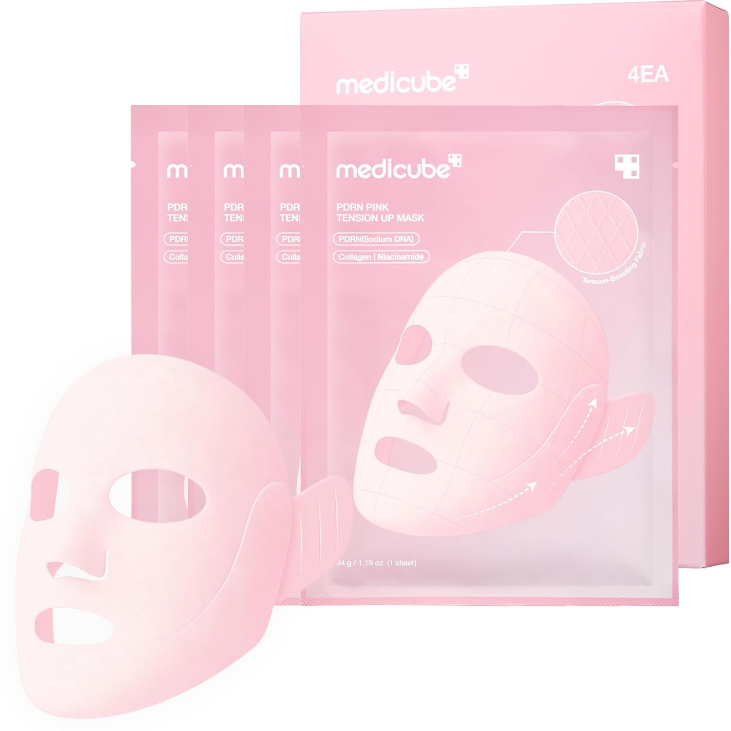 medicube_PDRN_Pink_Tension_Up_Mask_|_3-Step_V-line_Mask_for_Contoured-Looking_Chin_&_Jawline_|_Full-Face_Firming_Care_with_Salmon_PDRN,_NAD_&_Caffeine_|_Korean_Skincare,_34g_x_4ea_+_Tightening_Band