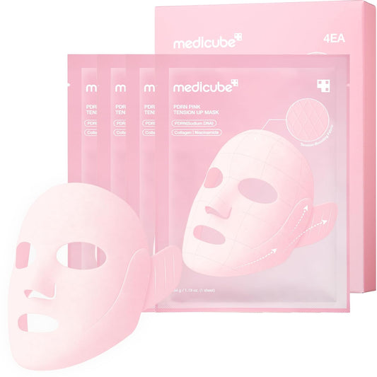 medicube_PDRN_Pink_Tension_Up_Mask_|_3-Step_V-line_Mask_for_Contoured-Looking_Chin_&_Jawline_|_Full-Face_Firming_Care_with_Salmon_PDRN,_NAD_&_Caffeine_|_Korean_Skincare,_34g_x_4ea_+_Tightening_Band