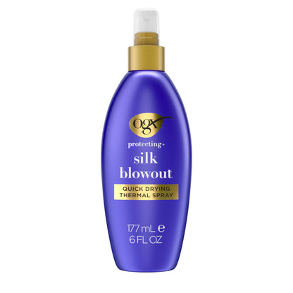 OGX Protecting + Silk Blowout Quick Drying Thermal Protection Spray, Heat Protectant Spray Shields Hair up to 450°F For Soft, Shiny Hair and Big, Beautiful Blowouts, Light Hold, 6 fl. oz