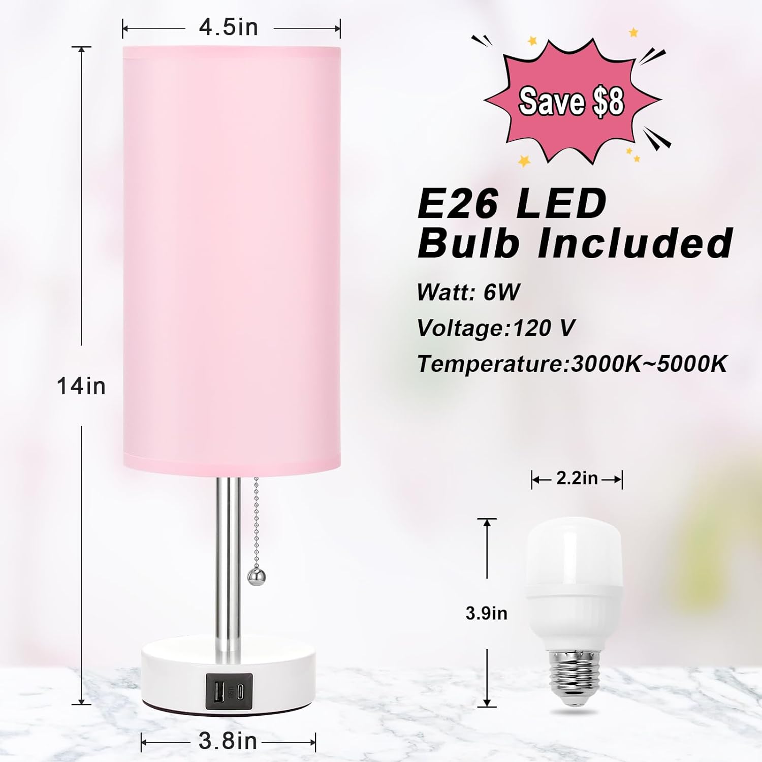 Hong-in_Pink_Bedside_Lamp_-_3_Color_Modes,_Small_Lamp_with_USB-C_and_USB-A_Charging_Ports,_Pull_Chain,_Nightstand_Light_for_Bedroom,_Office,_Kids_Room_(Bulb_Included)