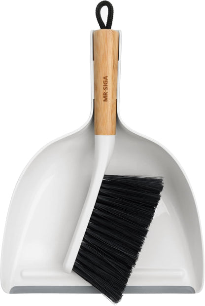 MR.SIGA_Dustpan_and_Brush_Set,_Portable_Cleaning_Brush_and_Dustpan_Combo_with_Bamboo_Handle,_White,_1_Set