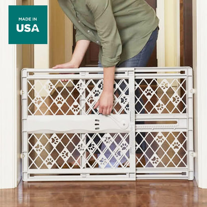MYPET_North_States_Paws_Portable_Pet_Gate:_26-40"_Wide._Pressure_Mount._No_Tools_Needed._Made_in_USA._Dog_Gate_23"_Tall,_Expandable,_Durable_Dog_Gates_for_Doorways,_Light_Gray