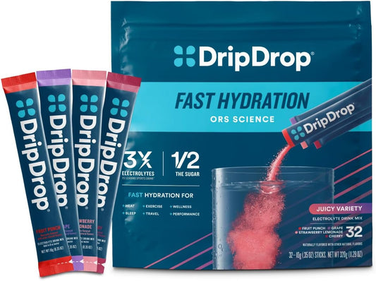 DripDrop_Hydration_Packets_-_Juicy_Variety_Pack_-_Single_Serve_Electrolytes_Powder_Drink_Mix_-_Grape,_Fruit_Punch,_Strawberry_Lemonade,_Cherry_-_Non-GMO,_Gluten_Free,_Vegan_-_32_Sticks