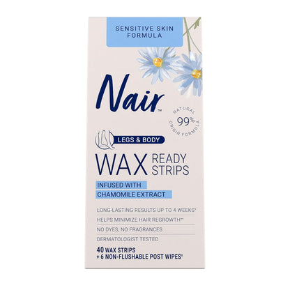Nair_Sensitive_Hair_Remover_Mess-Free_Wax_Ready_Strips,_Legs_and_Body_Easy_Hair_Removal_Wax_Strips_for_Sensitive_Skin,_Chamomile_Extract,_Dermatologist_Tested,_Plus_6_Post_Wipes,_40_Count