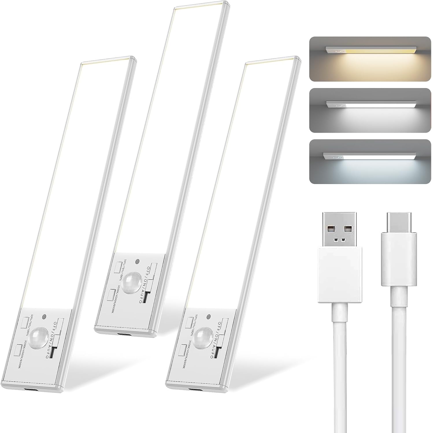 FBY_Under_Cabinet_Lighting,1800mAh_USB_Rechargeable_Closet_Light,_8-Inch_LED_Motion_Sensor_Indoor,_3-Level_Adjustable_Brightness_and_3_Color_Temperature_Options_(3Pack)