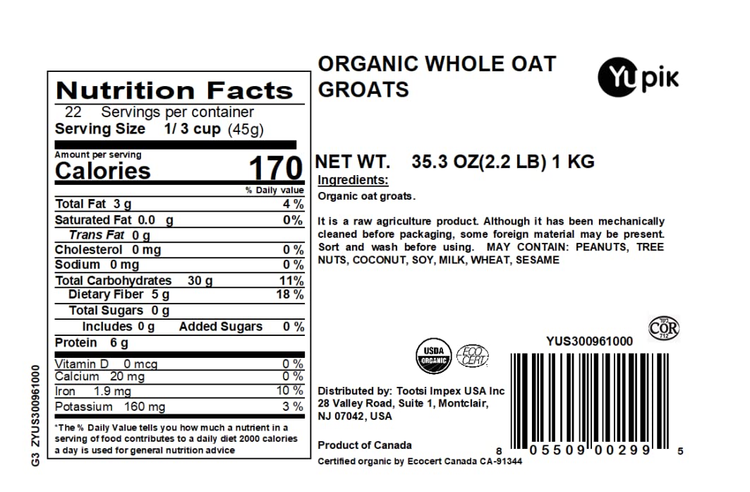 Yupik_Organic_Whole_Oat_Groats,2.2_lb_(35.2_oz),_Non-GMO,_Vegan,_Kosher,_Raw,_Whole_Grain_Oats,_Salt-Free,_Nutty_Flavor,_Good_Source_of_Fiber,_Ideal_for_Baking_&_Cooking