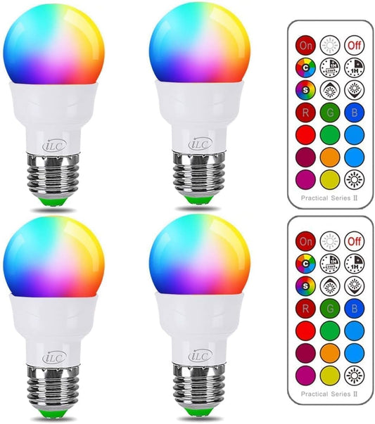 ILC_RGB_LED_Color_Changing_Light_Bulb,_40W_Equivalent,_450LM,_2700K_Warm_White_5W_E26_Screw_Base_RGBW,_Flood_Light_Bulb-_12_Color_Choices_-_Timing_Infrared_Remote_Control_(4_Pack)