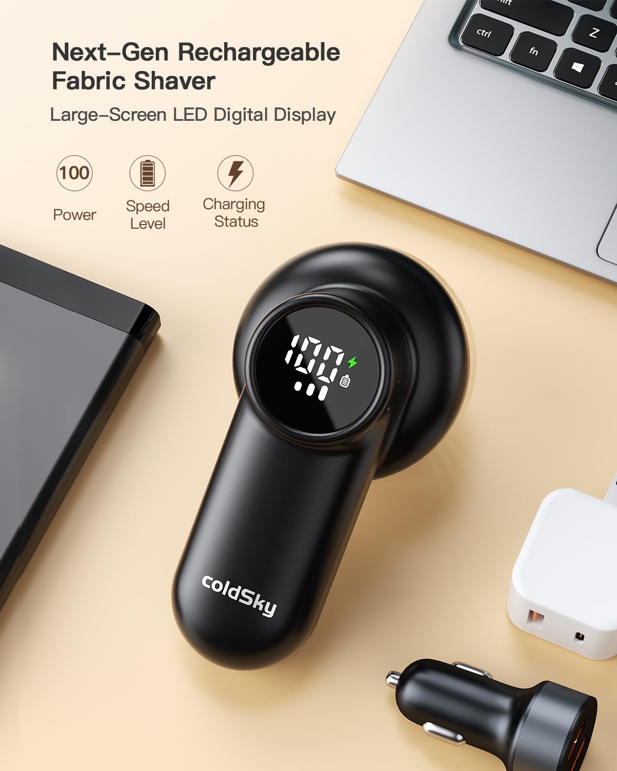coldSky Rechargeable Fabric Shaver, Lint Shaver with Digital Display, Sweater Shaver with 6-Leaf Blades and Safety Lock, 3-Speeds Defuzzer Remove Fuzz, Pills from Clothes, Furniture, Sofa