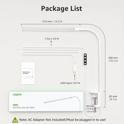Lepro_Small_Desk_Lamp_with_Clamp,_LED_Reading_Lamps_with_450LM,_3_Color_Modes_10_Brightness,_Dimmable_USB_Clip_on_Desk_Light_with_Gooseneck_Swing_Arm_for_Nail,_Home_Office_and_Dorm_(White)