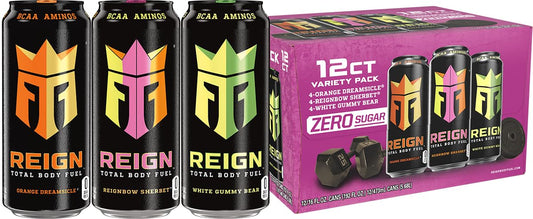 REIGN_Total_Body_Fuel_Variety_Pack,_Orange_Dreamsicle,_Reignbow_Sherbet,_White_Gummy_Bear,_Fitness_&_Performance_Drink,_16_Fl_Oz_(Pack_of_12)