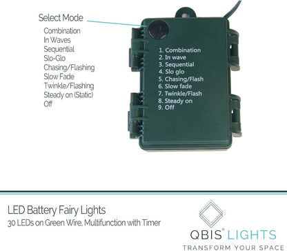 QBIS_Outdoor_Christmas_Lights_-_Fairy_Lights_Battery_Operated_with_Small_Warm_White_LEDs,_Green_Wire,_Multifunction,_6hr_Timer,_Indoor/Outdoor_Battery_Operated_String_for_Wreath,_Garland_or_Tree