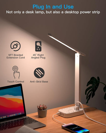 One_Beat_LED_Small_Desk_Lamp_Power_Strip_5ft_Extension_Cord,_3_Outlets,_4_USB_Ports(2_USB_C),_4_Modes,_5_Level_Touch-_Home,_Office,_Bedroom,_Bedside,_Study_Reading_Light,_Dorm_Room_Essentials,_White