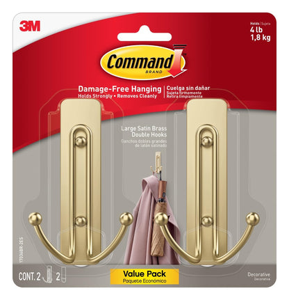Command Large Satin Brass Double Hooks, 2 Hooks and 2 Strips, Damage-Free Wall Hook with Adhesive Strips, No Tools Coat Hook for Hanging Home Decor, Holds up to 4 lb