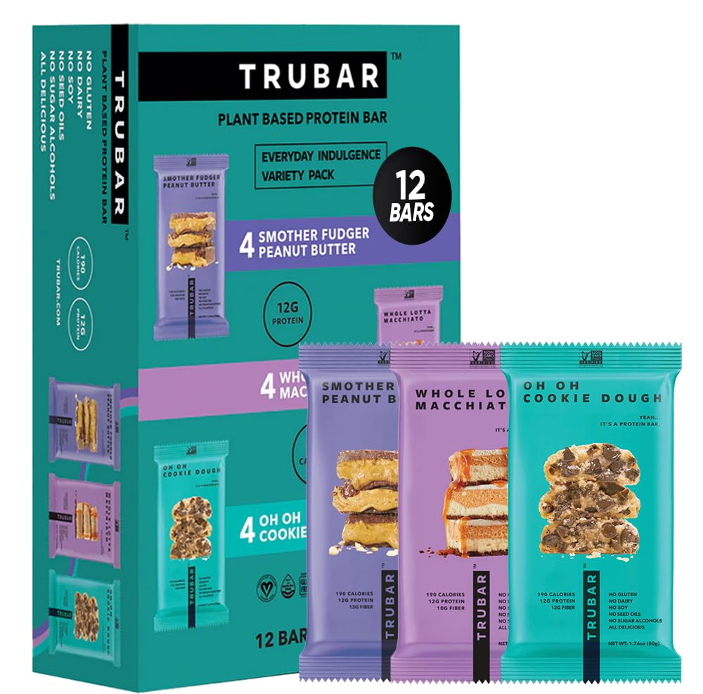 TRUBAR_Vegan_Protein_Bar_Variety_Pack,_Assorted_Flavors,_Peanut_Butter,_Macchiato,_Cookie_Dough,_Gluten_Free,_Vegan_Protein_Snacks,_12G_Plant-Based_Protein,_High_Fiber,_Healthy_Protein_Bars,_12_CT