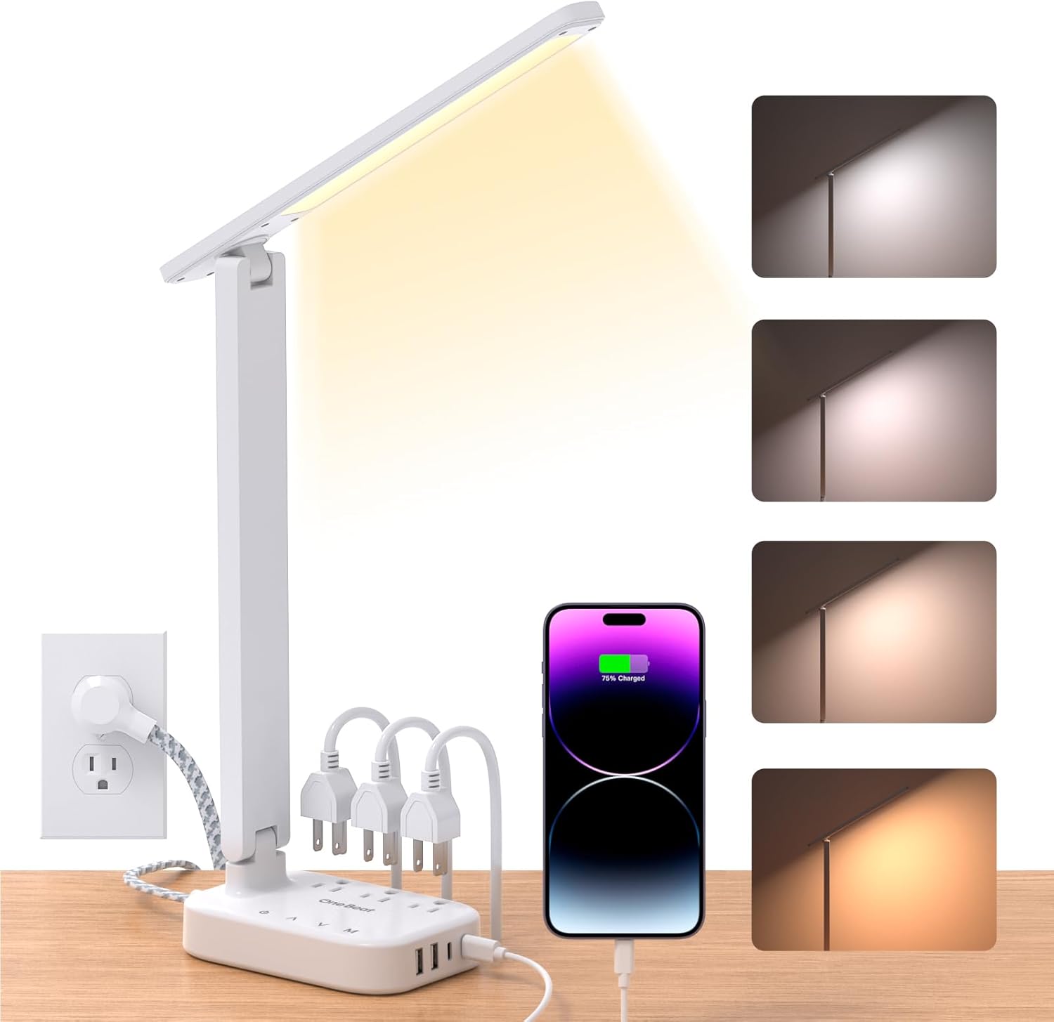 One_Beat_LED_Small_Desk_Lamp_Power_Strip_5ft_Extension_Cord,_3_Outlets,_4_USB_Ports(2_USB_C),_4_Modes,_5_Level_Touch-_Home,_Office,_Bedroom,_Bedside,_Study_Reading_Light,_Dorm_Room_Essentials,_White