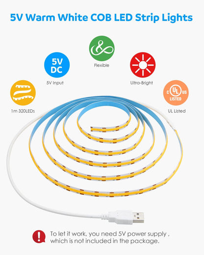 Aclorol_USB_COB_LED_Strip_Lights_Warm_White_Led_TV_Backlight_5V_1M_3.28FT_320Leds_3000K_CRI85+_COB_Flexible_Lights_with_1M_USB_Powered_for_Bedroom_Under_Cabinet_Kitchen_DIY_Lighting_Project
