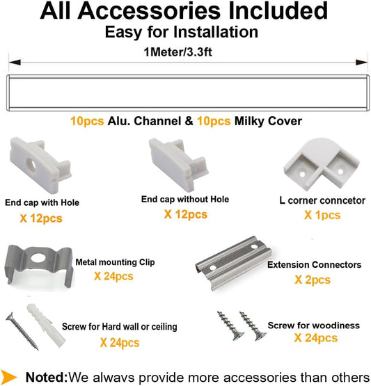 hunhun_10-Pack_3.3ft/1Meter_U_Shape_LED_Aluminum_Channel_System_with_Milky_Cover,_End_Caps_and_Mounting_Clips,_Aluminum_Profile_for_LED_Strip_Light_Installations,_Very_Easy_Installation