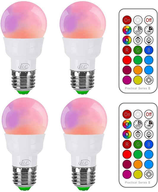 ILC_RGB_LED_Light_Bulb,_Color_Changing_40W_Equivalent,_Daylight_White,_450LM_Dimmable_5W_E26_Screw_Base_RGBW,_Mood_Light_Bulb_-_12_Color_Choices_-_Timing_Infrared_Remote_Control_Included_(4_Pack)