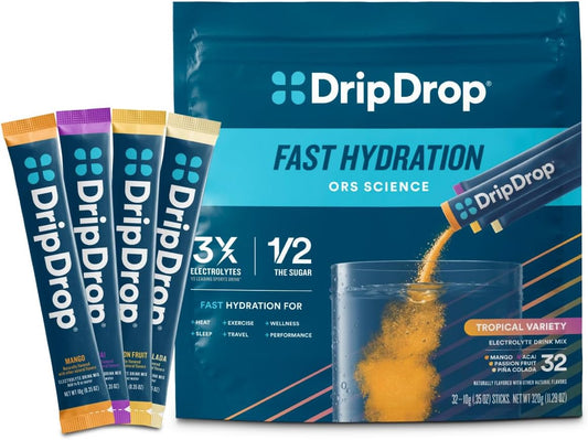 DripDrop_Hydration_Packets_-_Tropical_Variety_Pack_-_Single_Serve_Electrolytes_Powder_Drink_Mix_-_Mango,_Açai,_Passion_Fruit,_Piña_Colada_-_Non-GMO,_Gluten_Free,_Vegan_-_32_Sticks