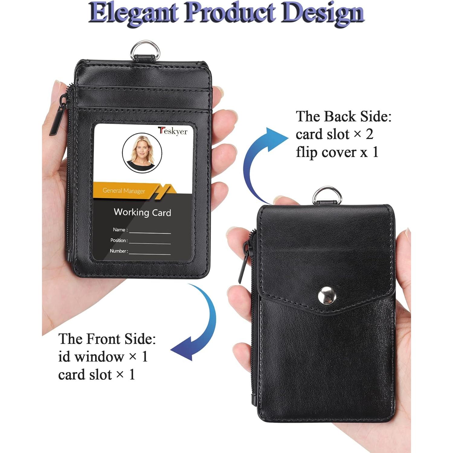 Teskyer_Badge_Holder_with_Zip_Pocket,_Multiple_Card_Slots_Leather_ID_Card_Holder_with_Nylon_Lanyard_for_Cruise_Ship_Cards,_Office_School_ID,_Work_Name_Cards,_Driver's_License