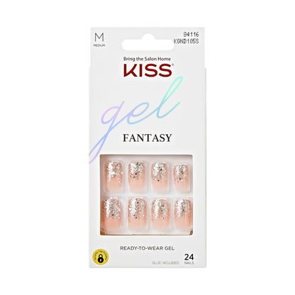 KISS Gel Fantasy Ready-to-Wear Press-On/Glue-On Nails, Style “I Feel You”, Medium Length Nail Kit with 24 Mega Adhesive Tabs, Pink Gel Glue, Manicure Stick, Mini File, and 24 Fake Nails