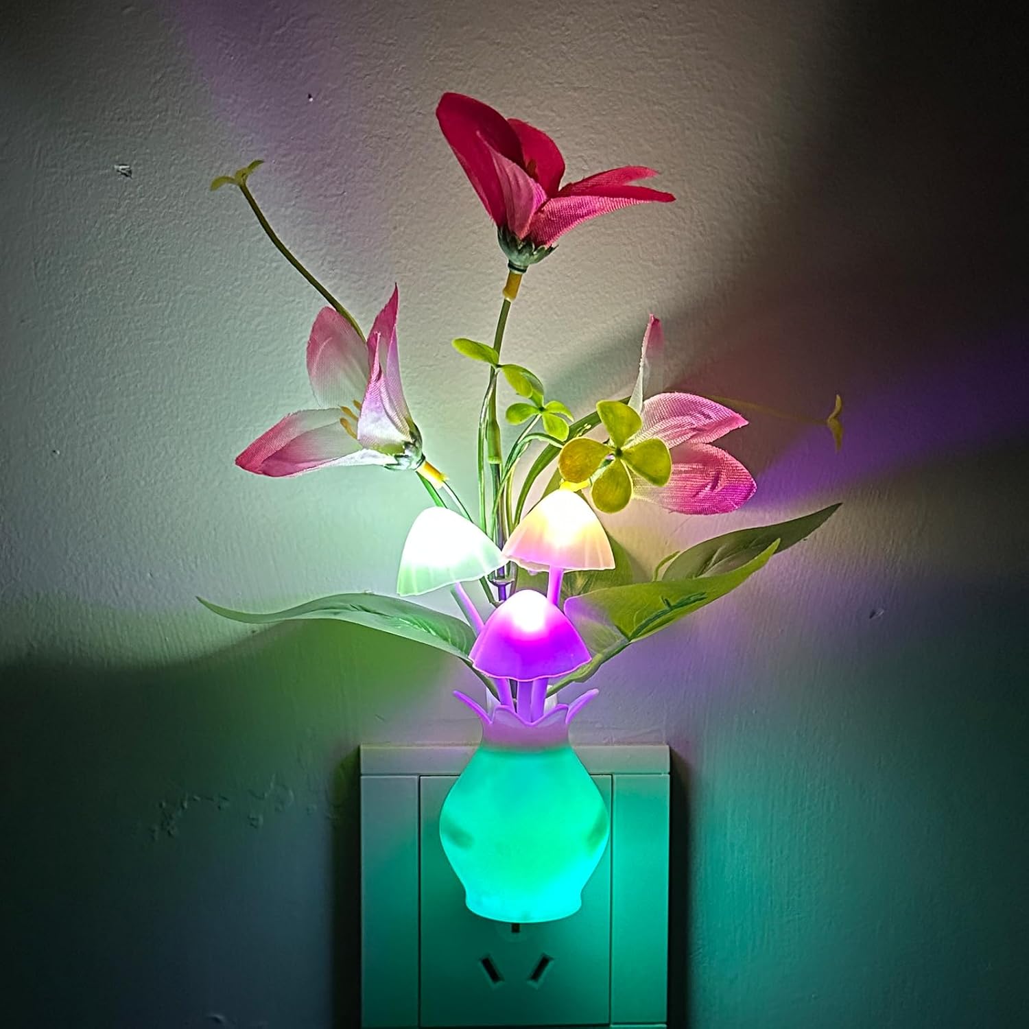 Plug-in_Night_Light_with_Auto_Light_Sensor,_RGB_LED_Mushroom_Night_Light_Wall_Based_Flower_Lamp_1W_Energy_Efficient_Nursery_Nightlight_for_Kids_Room,_Bedroom,_Nursery,_Lounge,_Hallway_and_Stairs