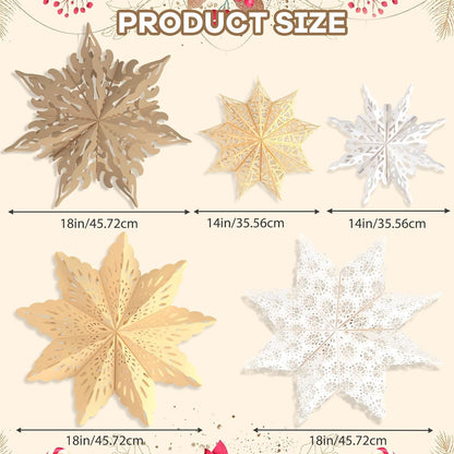 5Pcs_Christmas_Paper_Snowflake_Lanterns,_Large_Christmas_Paper_Star_Lanterns_with_LED_Lights_White_Beige_Khaki_Hanging_Snowflake_Lamps_for_Xmas_Winter_Frozen_Wedding_Birthday_Holiday_Party_Decorations