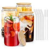 4PCS Glass Cups with Bamboo Lids and Straws, 16OZ Ice Coffee Cup, Drinking Cup set Wooden Lids, Home Essential Tumblers for Beer, Cocktail, Tea Latte Clear