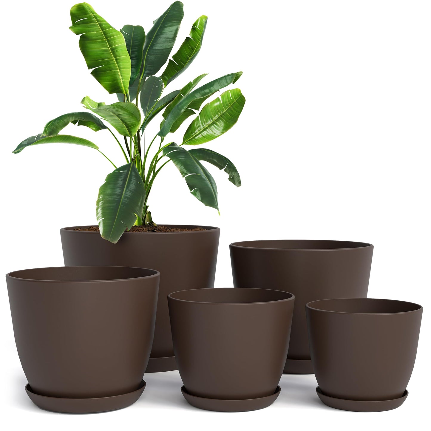 Utopia Home - Plant Pots Indoor with Drainage - 7/6.6/6/5.3/4.8 Inches Garden Flower Pots for Indoor Planter - 5 Pack Brown Plastic Planters - Ideal for Stocking Stuffers or Room, Office Home Decor