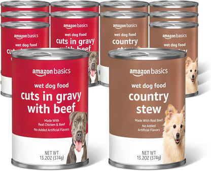 Amazon_Basics_Wet_Dog_Food_Variety_Pack,_Country_Stew_Flavor_and_Cuts_in_Gravy_with_Beef,_Made_with_Natural_Ingredients,_13.2oz_Cans_(Pack_of_12)