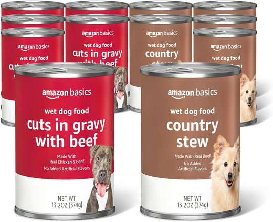 Amazon_Basics_Wet_Dog_Food_Variety_Pack,_Country_Stew_Flavor_and_Cuts_in_Gravy_with_Beef,_Made_with_Natural_Ingredients,_13.2oz_Cans_(Pack_of_12)