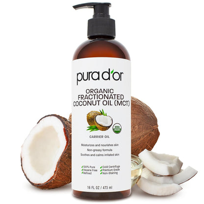 PURA_D'OR_16_Oz_ORGANIC_Fractionated_Coconut_Oil_–_USDA_Certified_–_MCT_Oil_–_Therapeutic,_Hydrating,_Lightweight_Moisturizer_–_Hexane_Free_Carrier_Oil_For_Essential_Oils_&_Massage_–_Face,_Hair_&_Body