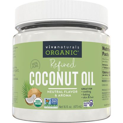 Viva Naturals Refined Coconut Oil, 16 fl oz – Expeller-Pressed, USDA Organic, Neutral Flavor &amp;amp; Aroma, Ideal for Cooking, Baking, Hair &amp;amp; Skin Moisturizer