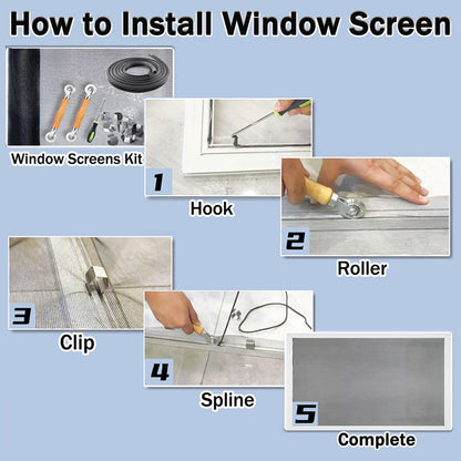 King&Charles_Window_Screen_Door_Repair/Replacement_Kit,_Include_Black_Screen_Mesh_48"x118"+_2_Roller+50Ft_Spline+8Clips+Hook,_6_in_1_Window_Mesh_Kit,_Steel/Nylon_Bearing_Roller
