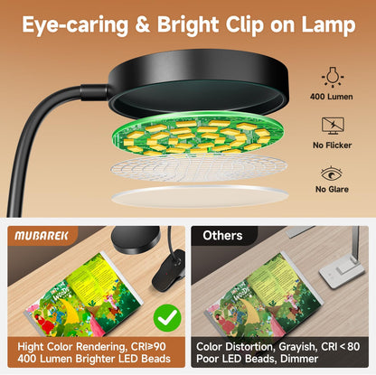Mubarek_Clip_on_Lamp,5_Brightness+5_Color_Clip_on_Light,200LM_36_LED_Reading_Lights_for_Books_in_Bed,1800mAh_Battery_Powered_Lamp_Battery_Operated_Lights,Rechargeable_Desk_Lamp_with_Clamp_Light