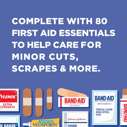 BAND-AID_Brand_Travel_Ready_Portable_Emergency_First_Aid_Kit,_Minor_Wound_Care,_Perfect_for_Home,_Car,_Camping,_Travel_&_Outdoor_Essentials,_Supplies_Include_Bandages,_Neosporin_&_Tylenol,_80_Piece
