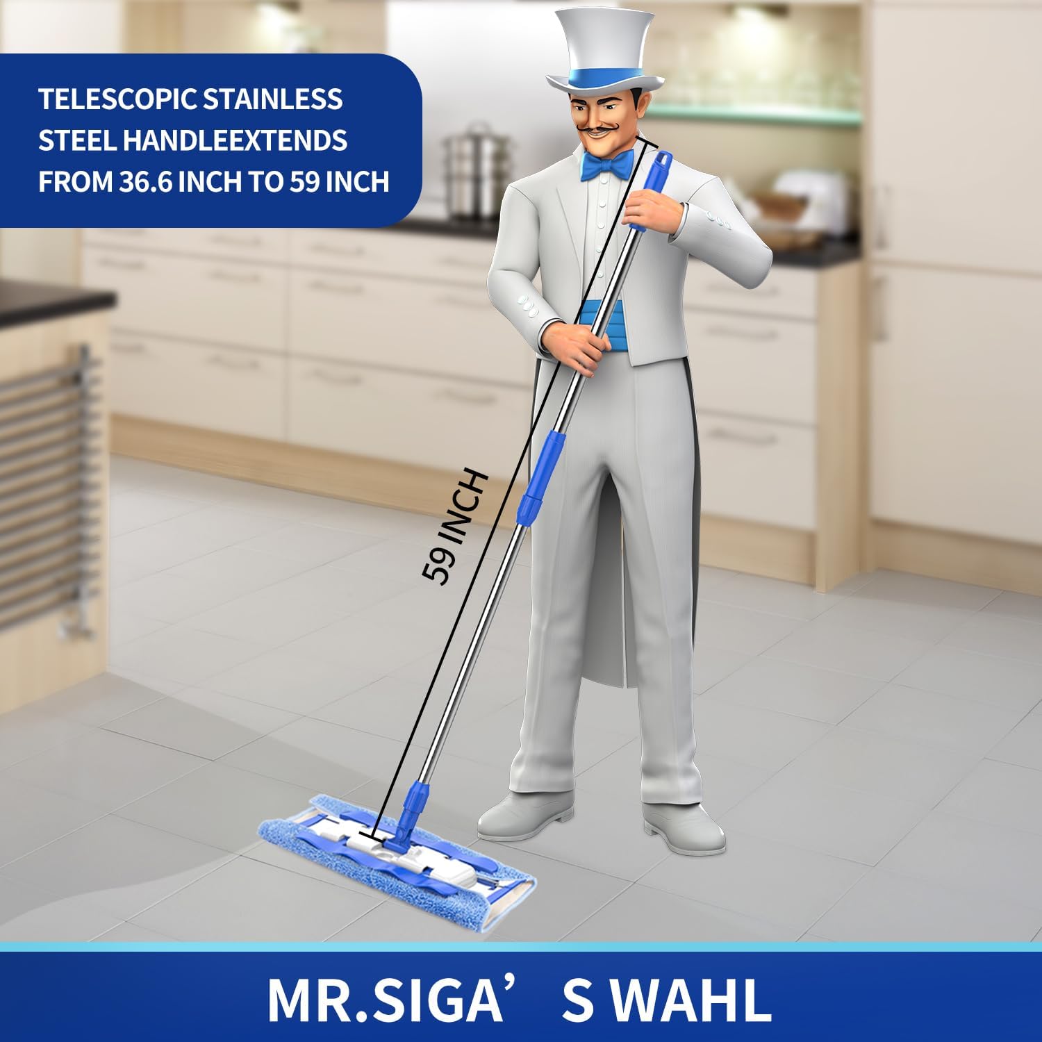 MR.SIGA_Professional_Microfiber_Mop_for_Hardwood,_Laminate,_Tile_Floor_Cleaning,_Stainless_Steel_Telescopic_Handle_-_3_Reusable_Flat_Mop_Refills_and_1_Dirt_Removal_Scrubber_Included