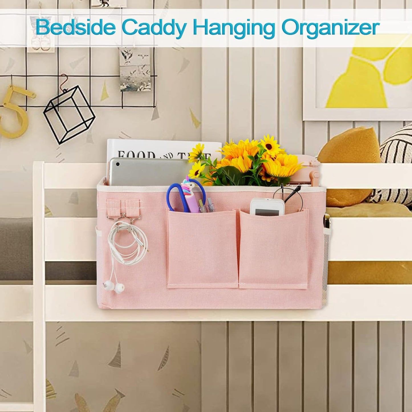Bedside_Caddy/Bedside_Storage_Bag_Hanging_Organizer_for_Bunk_and_Hospital_Beds,Dorm_Rooms_Bed_Rails,Can_be_Placed_Glasses,Books,Mobile_Phones,Keys_(Light_Pink)