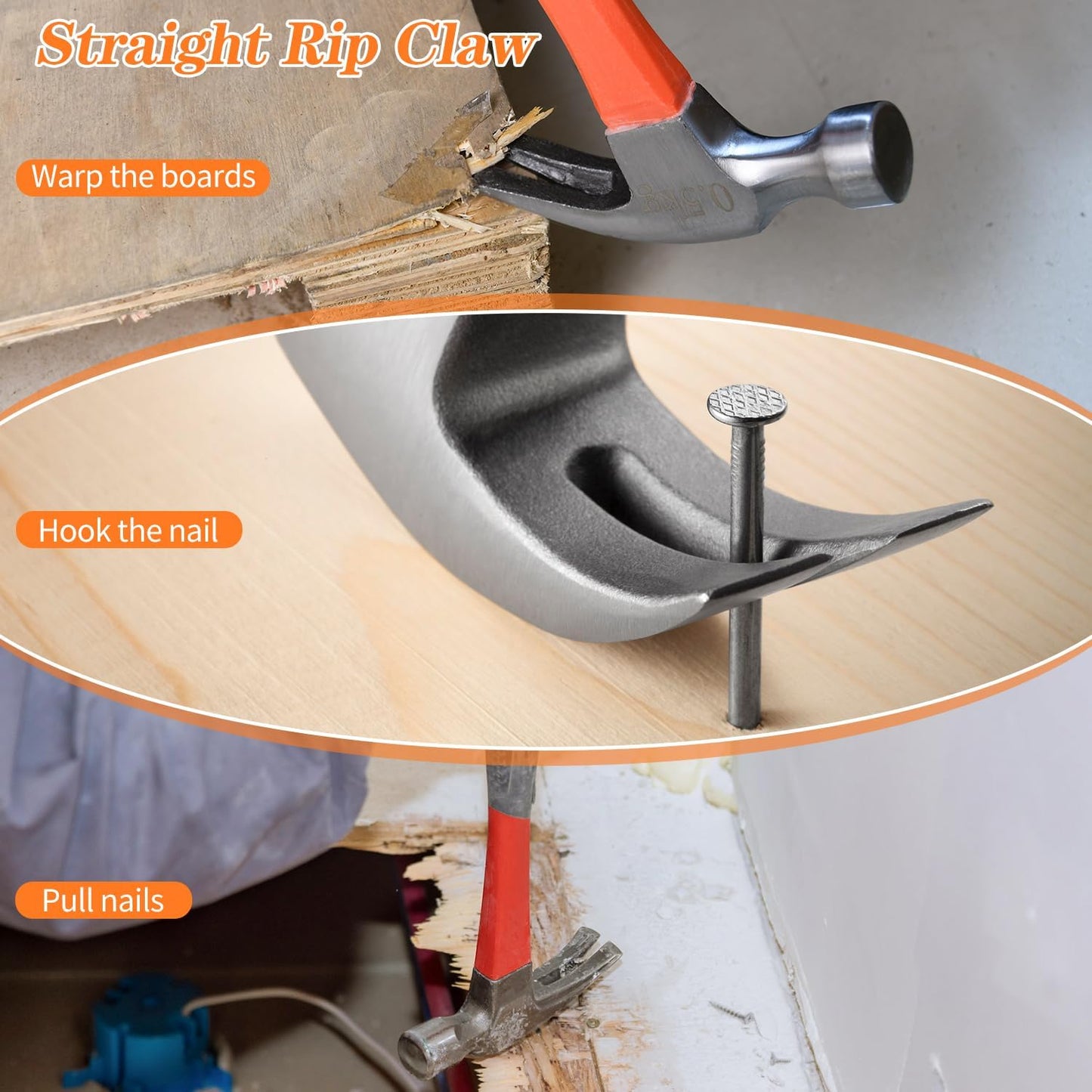 8/16/24oz_Straight_Rip_Fiberglass_General_Purpose_Claw_Hammer,_with_Smooth_Face_&_Non-slip_Grip