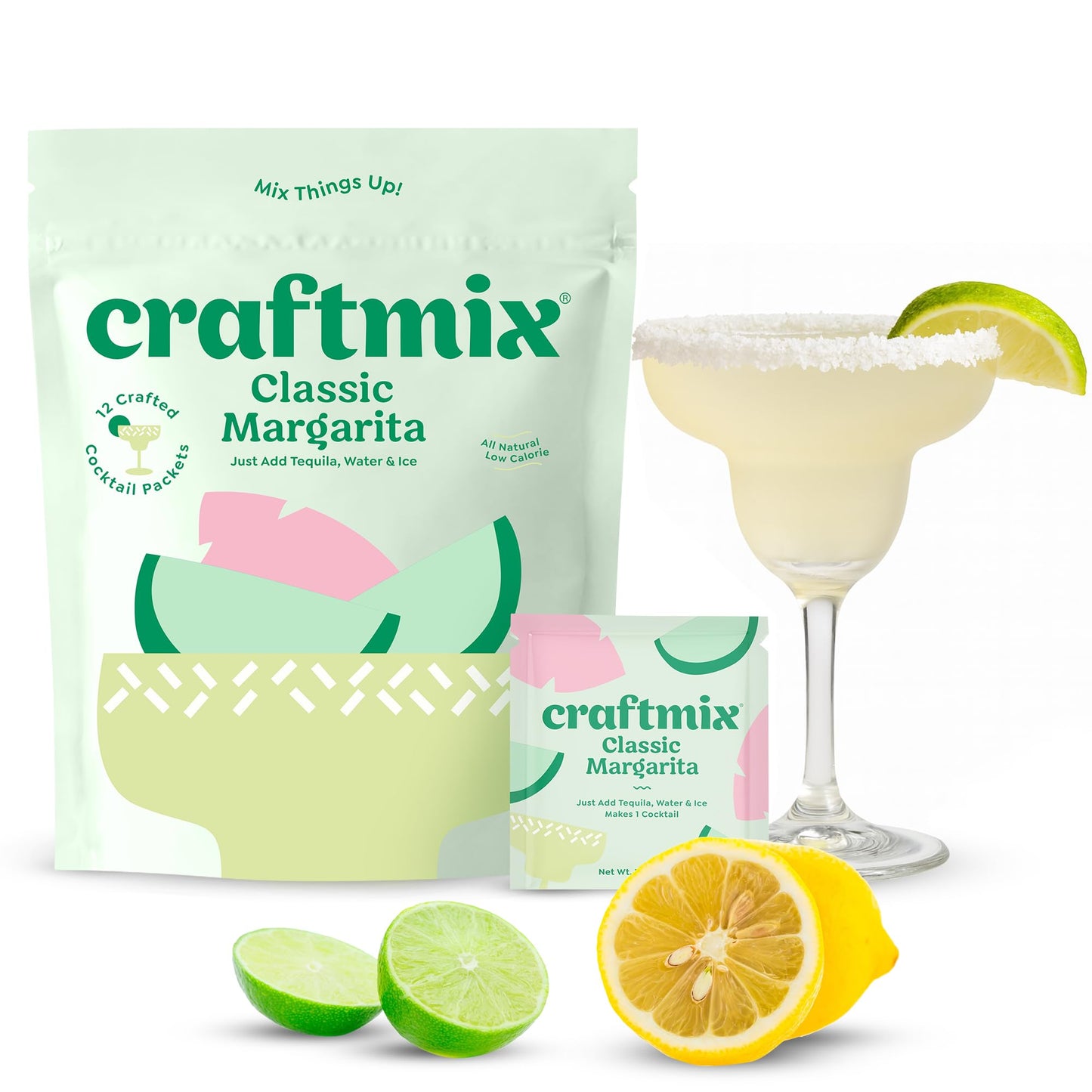 Craftmix Classic Margarita Cocktail &amp;amp; Mocktail Drink Mixer, Skinny Mixes - Water Flavoring Packets - Made With Real Fruit - Vegan, Low-Carb, Low-Sugar, Non-GMO, Dairy Free, Gluten Free, 12 Pack