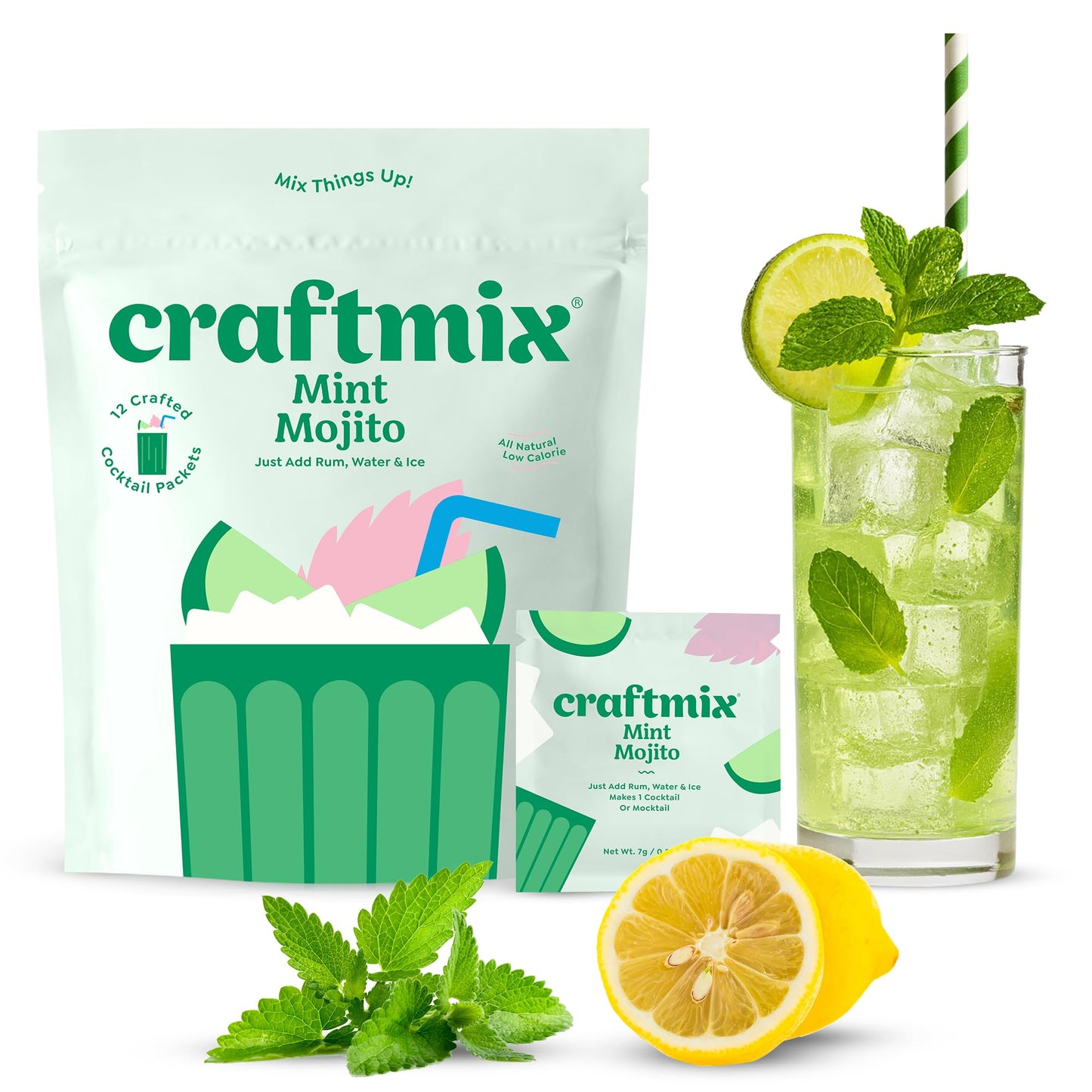 Craftmix Mint Mojito Cocktail &amp;amp; Mocktail Drink Mixer, Skinny Mixes - Water Flavoring Packets - Made With Real Fruit - Vegan Low-Carb, Low-Sugar, Non-GMO, Dairy Free, Gluten Free, 12 Pack
