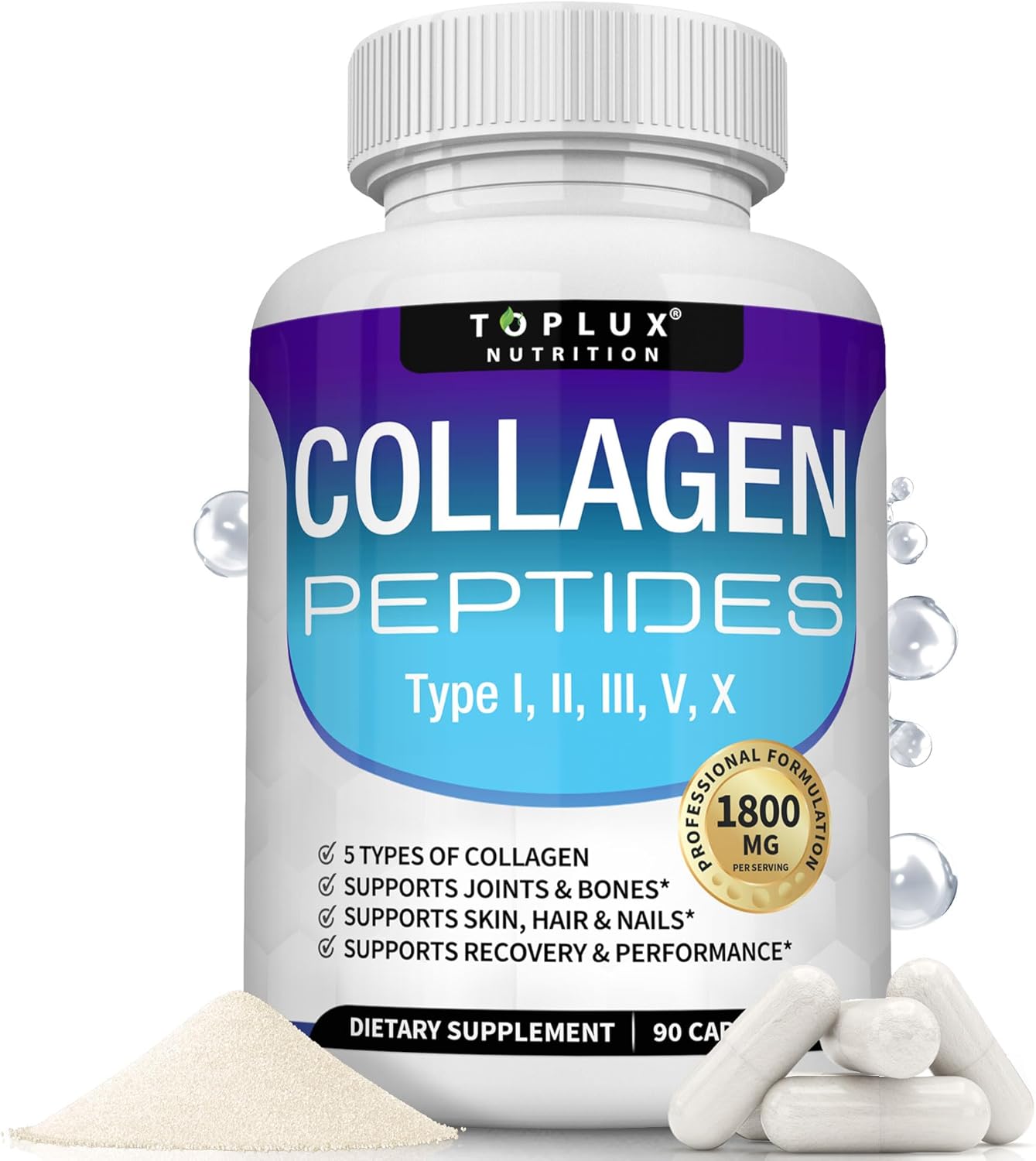 Toplux_Multi_Collagen_Peptides_Pills_1800_Mg_Complex_-_Type_I,_II,_III,_V,_X_Premium_Collagen_Complex_for_Better_Skin_&_Hair,_Strong_Joint,_Hydrolyzed_Protein,_for_Men_Women,_90_Capsules,_Supplement