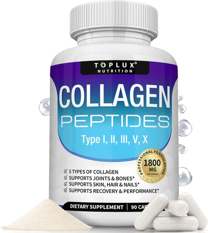 Toplux_Multi_Collagen_Peptides_Pills_1800_Mg_Complex_-_Type_I,_II,_III,_V,_X_Premium_Collagen_Complex_for_Better_Skin_&_Hair,_Strong_Joint,_Hydrolyzed_Protein,_for_Men_Women,_90_Capsules,_Supplement