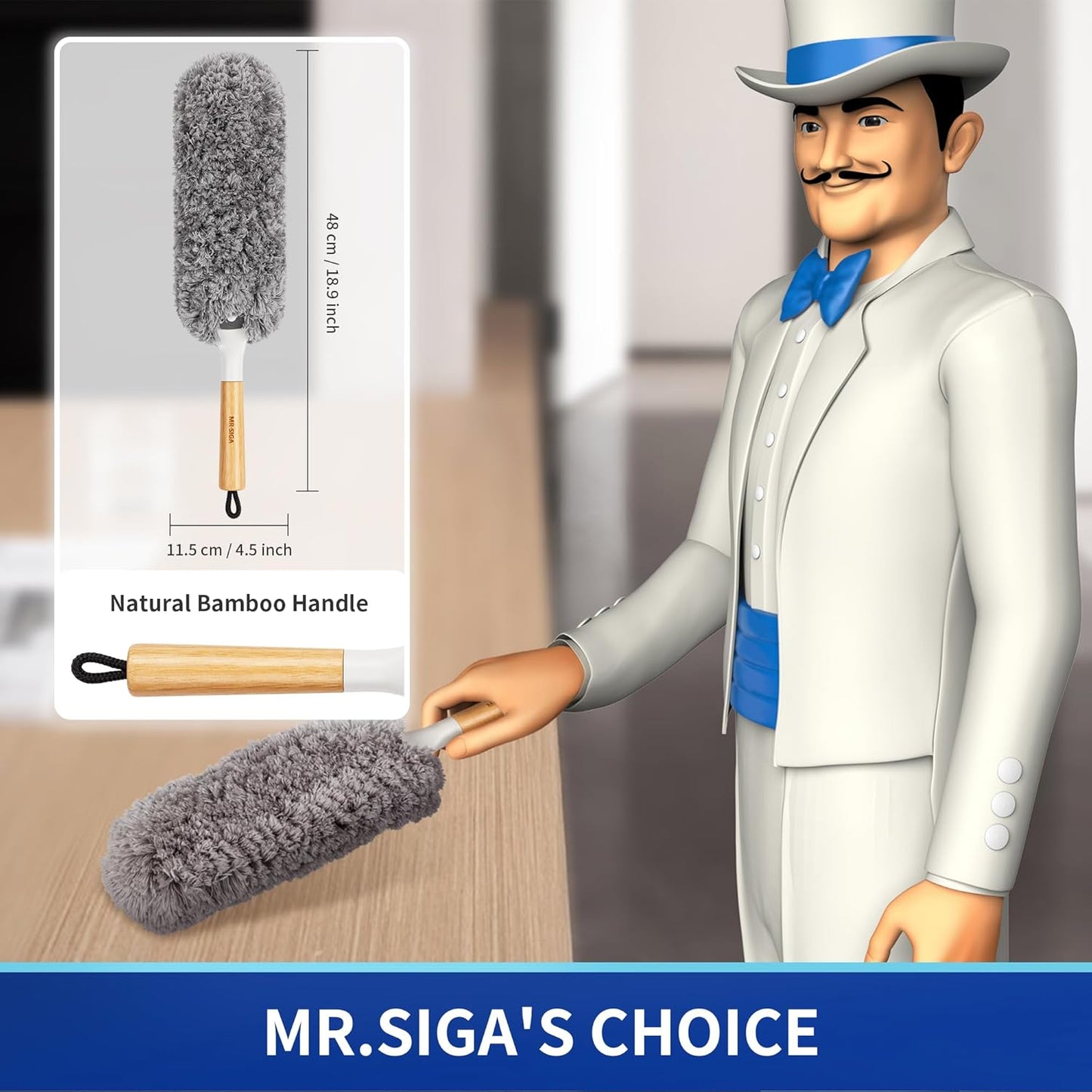 MR.SIGA_Lint_Free_Microfiber_Duster,_Washable_and_Reusable_Duster_with_Bamboo_Handle_and_Replaceable_Head,_Duster_for_Household_Cleaning
