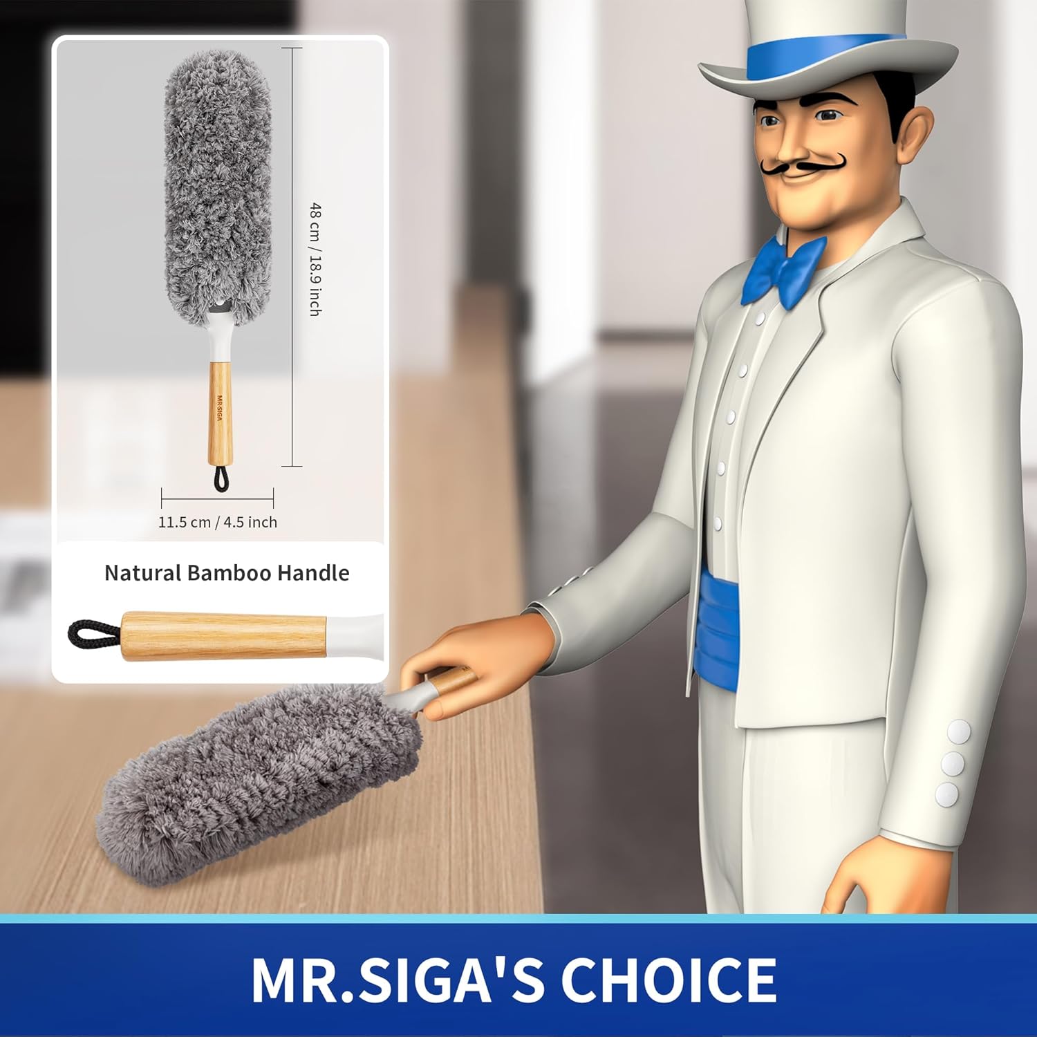 MR.SIGA_Lint_Free_Microfiber_Duster,_Washable_and_Reusable_Duster_with_Bamboo_Handle_and_Replaceable_Head,_Duster_for_Household_Cleaning