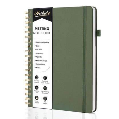 WEMATE Meeting Notebook for Work B5 (7&amp;#34;x10&amp;#34;) - PU Leather Work Notebook with Agenda, Action Items &amp;amp; Notes - 200 Pages for Men&amp;amp;Women, Staff and Students, Meeting, Projects Planning - Olive Green